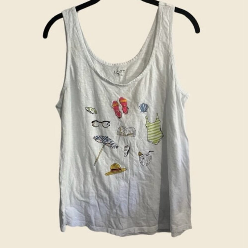 LOFT Summer Beach Themed Tank Top with Beaded Accents Size L